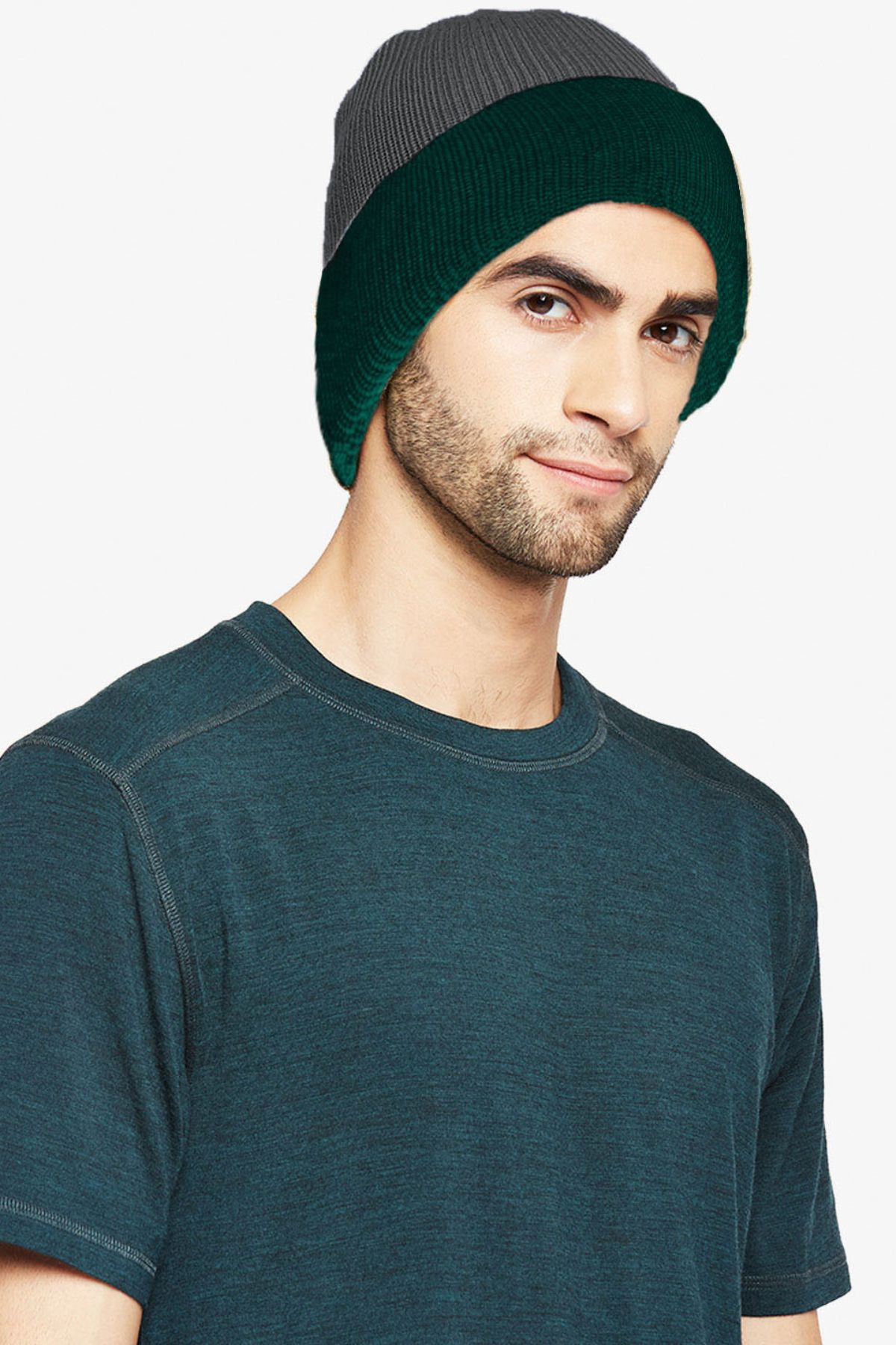 Green - Grey Merino Wool Reversible Beanie | Men